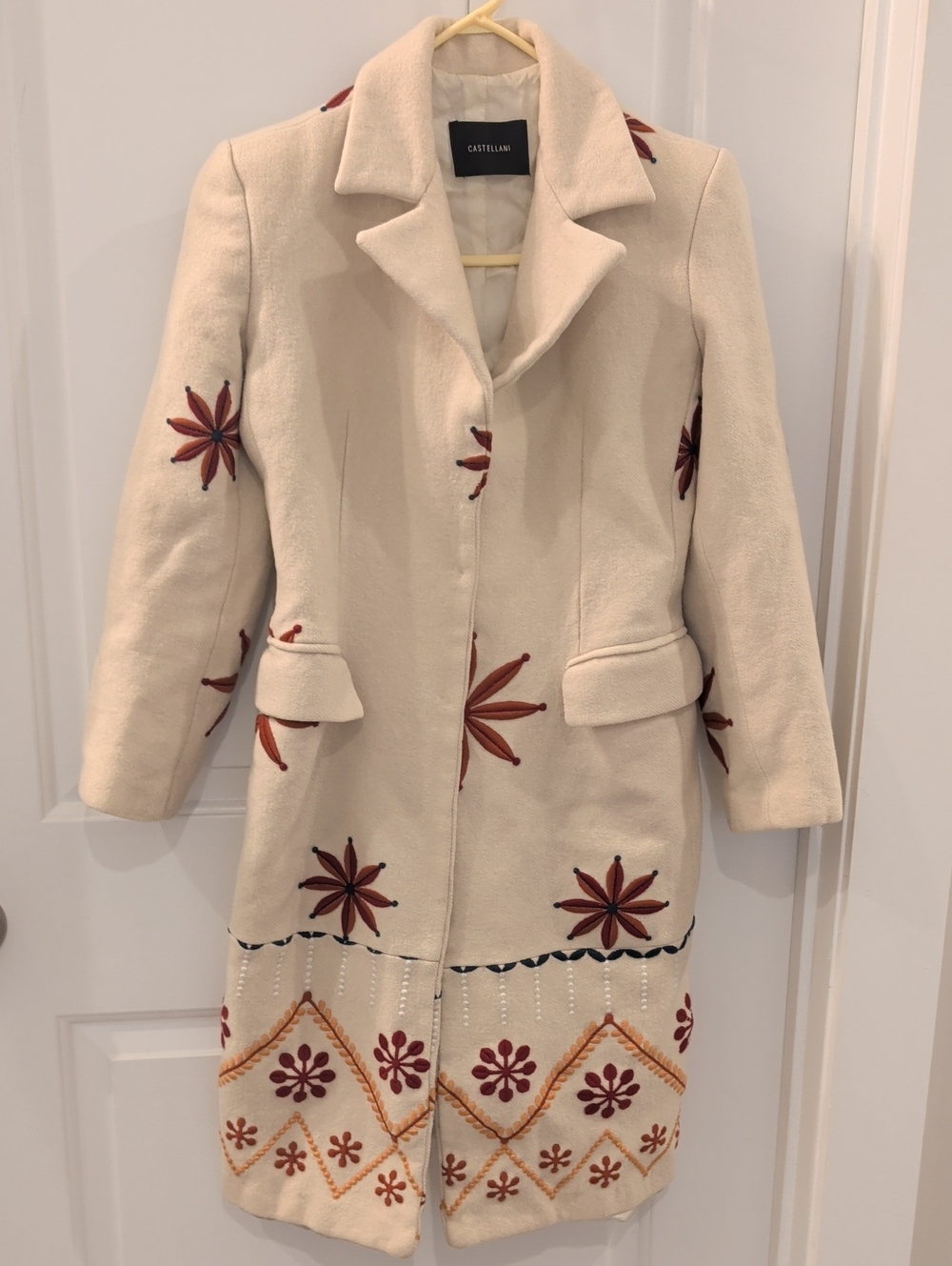 Castellani Cream Wool Coat with Red, Blue and Orange Embroidery